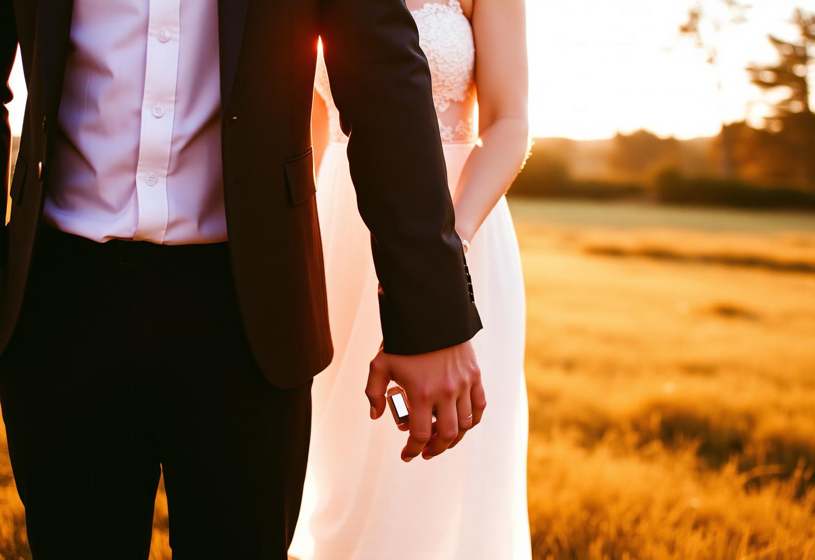 Couple holding hands in a field at sunset